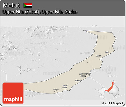 Shaded Relief Panoramic Map of Melut, lighten, desaturated