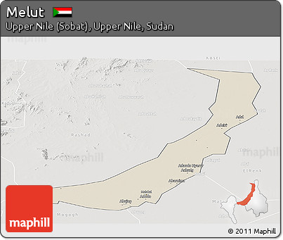 Shaded Relief Panoramic Map of Melut, lighten, semi-desaturated