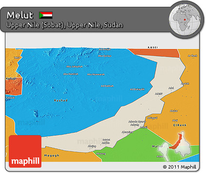 Shaded Relief Panoramic Map of Melut, political outside