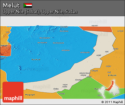 Shaded Relief Panoramic Map of Melut, political outside