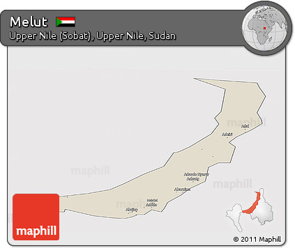 Shaded Relief Panoramic Map of Melut, single color outside