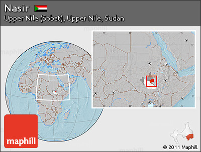 Gray Location Map of Nasir, highlighted parent region, highlighted grandparent region, within the entire country, hill shading