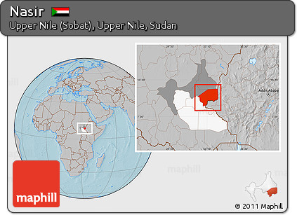 Gray Location Map of Nasir, highlighted parent region, highlighted grandparent region, hill shading