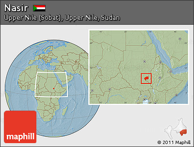 Savanna Style Location Map of Nasir, within the entire country, hill shading