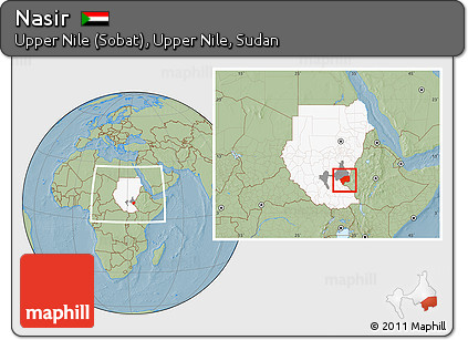 Savanna Style Location Map of Nasir, highlighted country, highlighted parent region, within the entire country, hill shading