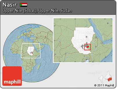 Savanna Style Location Map of Nasir, highlighted country, highlighted parent region, within the entire country, hill shading