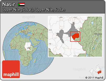 Savanna Style Location Map of Nasir, highlighted country, highlighted parent region, hill shading