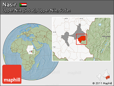 Savanna Style Location Map of Nasir, highlighted country, highlighted parent region, hill shading