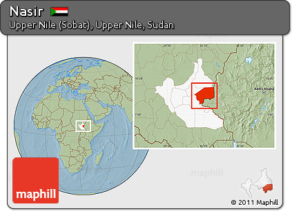 Savanna Style Location Map of Nasir, highlighted grandparent region, hill shading
