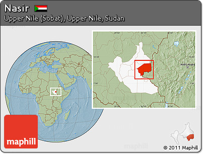 Savanna Style Location Map of Nasir, highlighted grandparent region, hill shading
