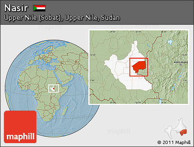 Savanna Style Location Map of Nasir, highlighted grandparent region, hill shading