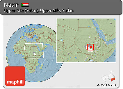 Savanna Style Location Map of Nasir, highlighted parent region, highlighted grandparent region, within the entire country, hill shading
