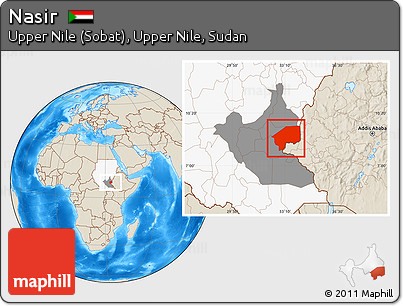 Shaded Relief Location Map of Nasir, highlighted country, highlighted grandparent region