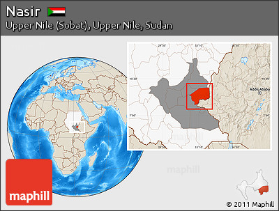 Shaded Relief Location Map of Nasir, highlighted country, highlighted grandparent region