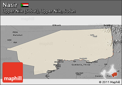 Shaded Relief Panoramic Map of Nasir, darken, desaturated