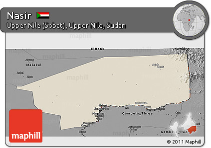 Shaded Relief Panoramic Map of Nasir, darken, desaturated