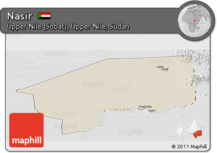 Shaded Relief Panoramic Map of Nasir, lighten, desaturated