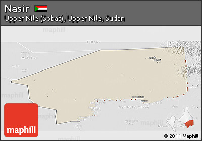 Shaded Relief Panoramic Map of Nasir, lighten, desaturated