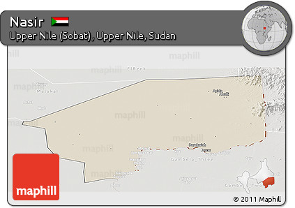 Shaded Relief Panoramic Map of Nasir, lighten, semi-desaturated