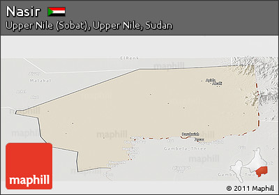 Shaded Relief Panoramic Map of Nasir, lighten, semi-desaturated