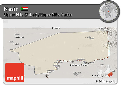 Shaded Relief Panoramic Map of Nasir, semi-desaturated