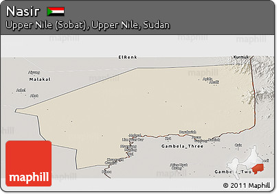 Shaded Relief Panoramic Map of Nasir, semi-desaturated