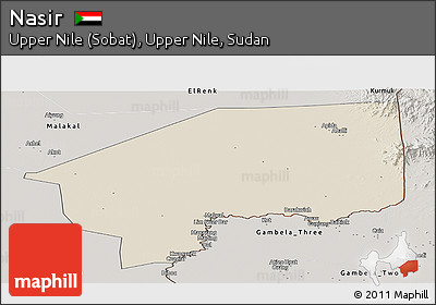 Shaded Relief Panoramic Map of Nasir, semi-desaturated