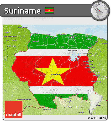 Flag 3D Map of Suriname, physical outside, bathymetry sea, flag centered