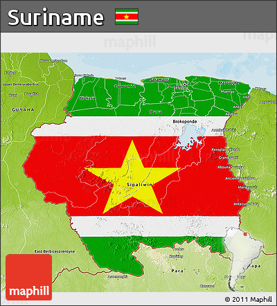 Flag 3D Map of Suriname, physical outside, bathymetry sea, flag centered