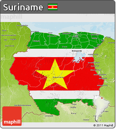 Flag 3D Map of Suriname, physical outside, bathymetry sea, flag centered