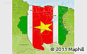 Flag 3D Map of Suriname, physical outside, bathymetry sea, flag rotated