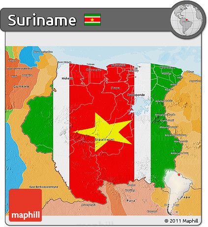 Flag 3D Map of Suriname, political outside, flag rotated