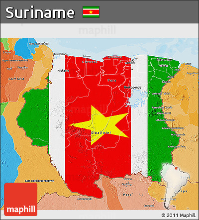 Flag 3D Map of Suriname, political outside, flag rotated