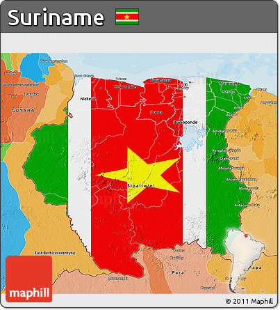 Flag 3D Map of Suriname, political outside, flag rotated