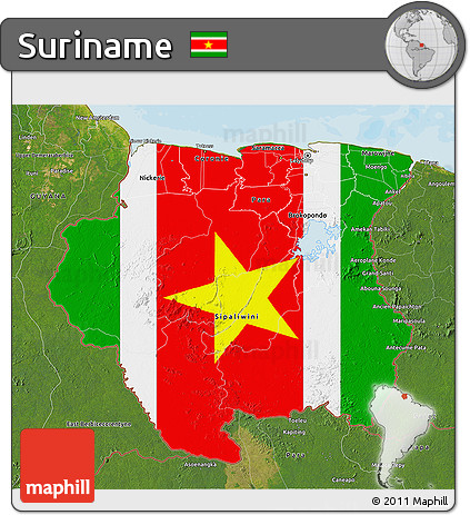 Flag 3D Map of Suriname, satellite outside, bathymetry sea, flag aligned to the middle