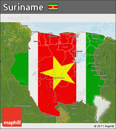 Flag 3D Map of Suriname, satellite outside, bathymetry sea, flag aligned to the middle