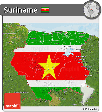 Flag 3D Map of Suriname, satellite outside, bathymetry sea