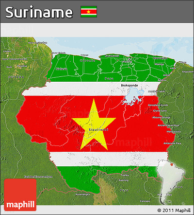 Flag 3D Map of Suriname, satellite outside, bathymetry sea