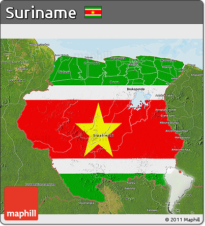 Flag 3D Map of Suriname, satellite outside, bathymetry sea