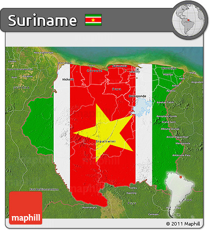 Flag 3D Map of Suriname, satellite outside, flag aligned to the middle
