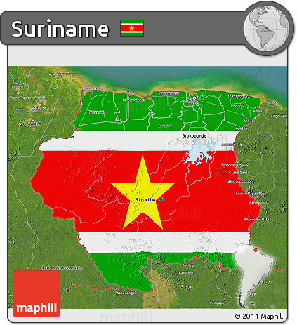 Flag 3D Map of Suriname, satellite outside