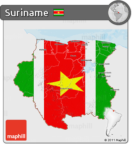 Flag 3D Map of Suriname, single color outside, bathymetry sea, shaded relief sea, flag rotated