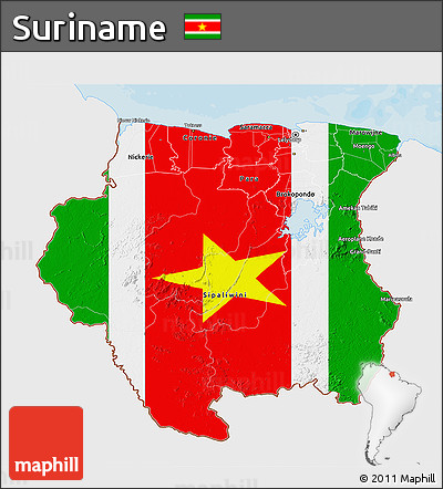 Flag 3D Map of Suriname, single color outside, bathymetry sea, shaded relief sea, flag rotated