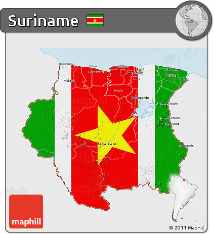 Flag 3D Map of Suriname, single color outside, shaded relief sea, flag aligned to the middle