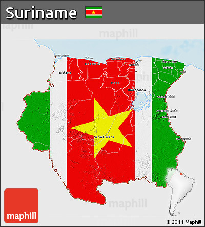 Flag 3D Map of Suriname, single color outside, shaded relief sea, flag aligned to the middle