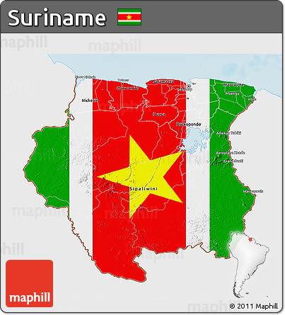Flag 3D Map of Suriname, single color outside, shaded relief sea, flag aligned to the middle