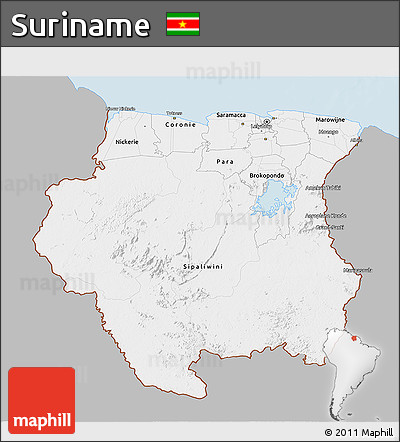 Gray 3D Map of Suriname, single color outside