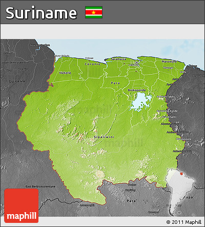 Physical 3D Map of Suriname, darken, desaturated, land only