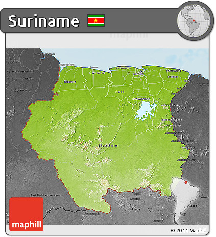 Physical 3D Map of Suriname, darken, desaturated, land only