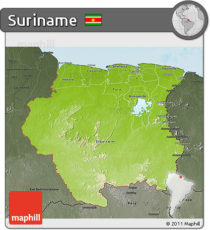 Physical 3D Map of Suriname, darken, semi-desaturated, land only